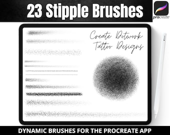 Pode incluir: Uma tela de tablet digital que exibe 23 pincéis de pontilhismo para o aplicativo Procreate. O texto "Create Dotwork Tattoo Designs" é exibido na tela. Os pincéis são mostrados como linhas pretas de diferentes espessuras e densidades.