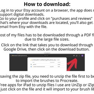 May include: A screenshot of a computer screen showing instructions on how to download digital files from Etsy. The instructions include logging into your Etsy account, going to your purchases and reviews, and clicking on the download link. The instructions also mention that most files are downloaded through a PDF file due to large file sizes. The screenshot also shows a red arrow pointing to the download button on a Google Drive page.