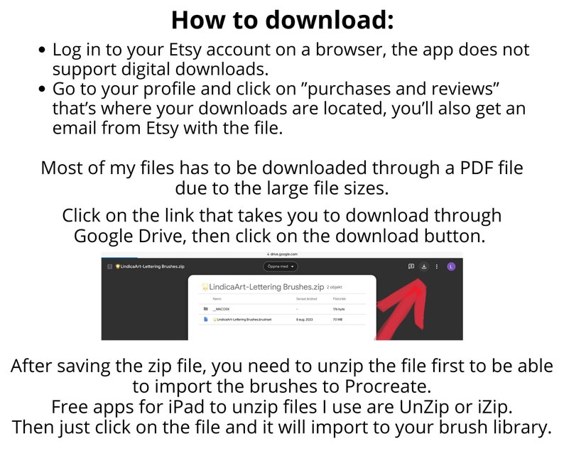 May include: A screenshot of a computer screen showing instructions on how to download digital files from Etsy. The instructions include logging into your Etsy account, going to your purchases and reviews, and clicking on the download link. The instructions also mention that most files are downloaded through a PDF file due to large file sizes. The screenshot also shows a red arrow pointing to the download button on a Google Drive page.