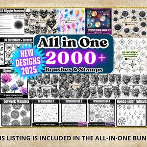 May include: A collage of digital art brushes and stamps for Procreate, featuring a variety of designs including butterflies, roses, skulls, wolves, tigers, ornaments, runes, and mandalas. The text "All in One 2000+ Brushes & Stamps" is displayed in a pink and purple banner.