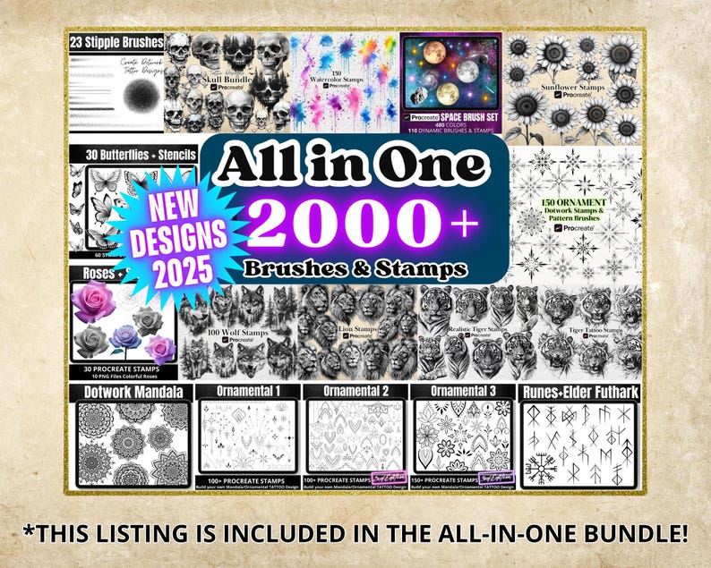 May include: A collage of digital art brushes and stamps for Procreate, featuring a variety of designs including butterflies, roses, skulls, wolves, tigers, ornaments, runes, and mandalas. The text "All in One 2000+ Brushes & Stamps" is displayed in a pink and purple banner.