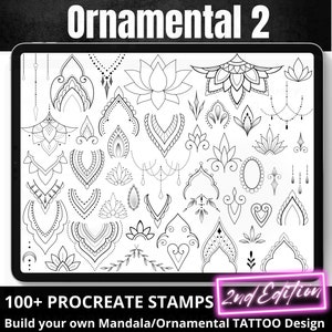 Procreate Ornamental Stamp Brushes, 2nd EDITION Build your own Mandala, Ornamental Tattoo design, 100 Procreate Stamps, Boho Feminine Tattoo image 1