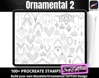 Procreate Ornamental Stamp Brushes, 2nd EDITION Build your own Mandala, Ornamental Tattoo design, 100 Procreate Stamps, Boho Feminine Tattoo