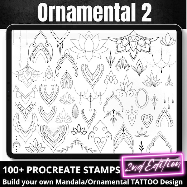 Procreate Ornemental Stamp Brushes, 2nd EDITION Construisez votre propre Mandala, Conception de tatouage ornemental, 100 Procreate Stamps, Boho Feminine Tattoo