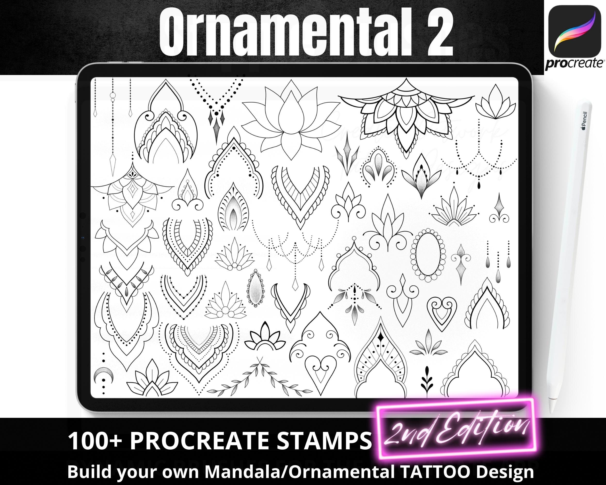 Procreate Tattoo Stamps, 100+ Ornamental & Mandala Brushes, Fine Line ...