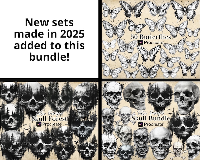 Digital stamp brushes mega bundle of realistic skulls tattoo designs for the Procreate app