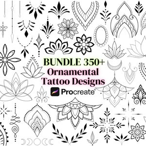 Zestaw pędzli do stempli ozdobnych Procreate, szablon do wzorów tatuaży, zestaw stempli Procreate, kwiaty mandali, niebiański tatuaż boho dla kobiet