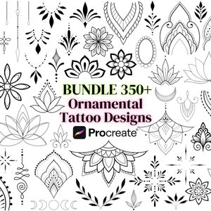 Procreate Ornamental Stamp Brushes BUNDLE, Tattoo Designs stencil, Procreate Stamps set, Mandala Flowers, Celestial Boho Feminine Tattoo