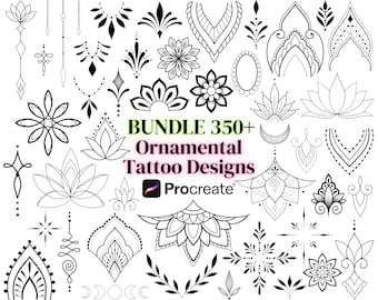 Procreate Ornamental Stamp Brushes BUNDLE, Tattoo Designs stencil, Procreate Stamps set, Mandala Flowers, Celestial Boho Feminine Tattoo