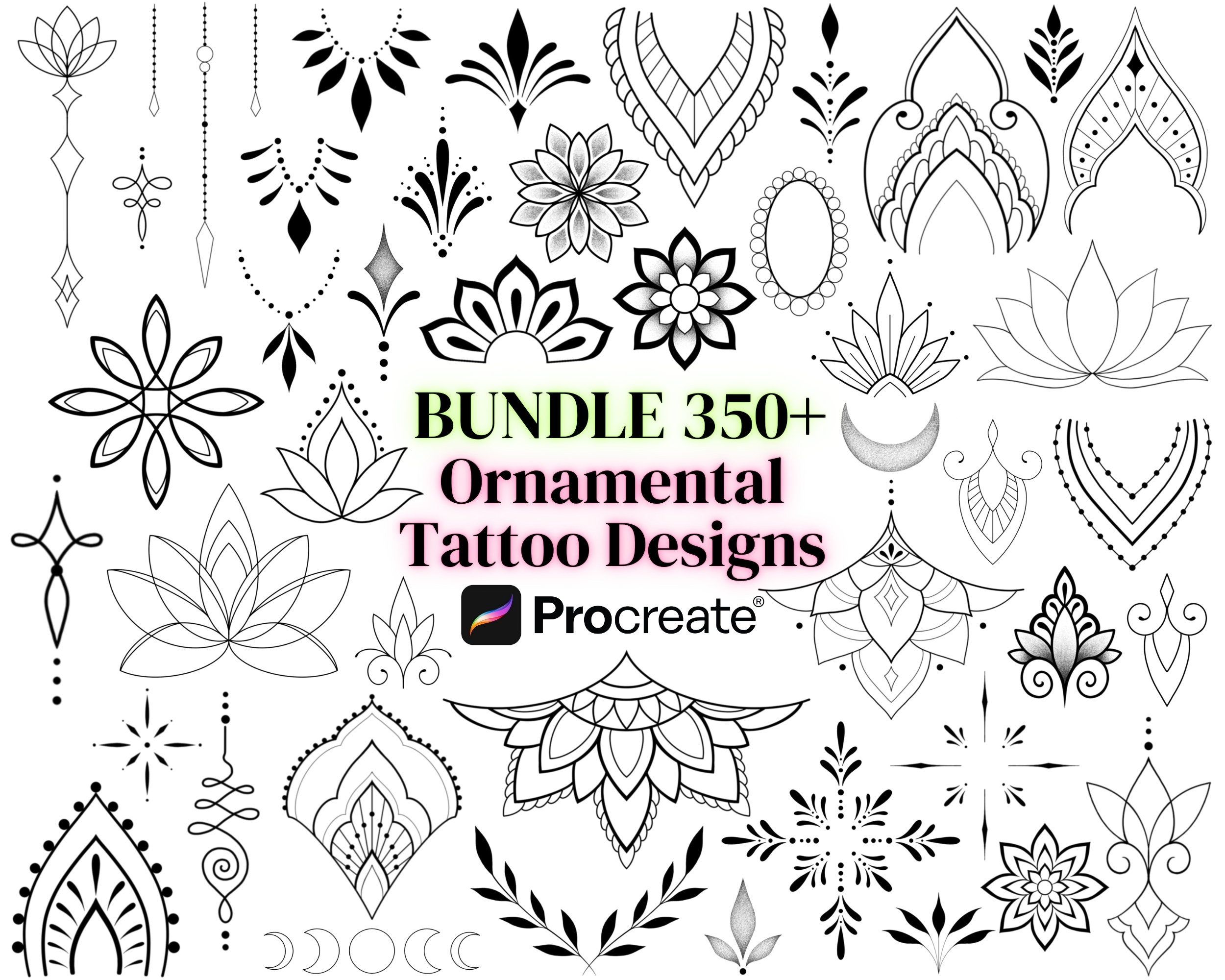 Pack de pinceles de sellos ornamentales para Procreate – 350+ mandalas, boho, celestiales y plantillas de tatuaje