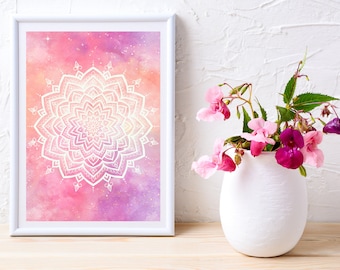 Printable Wall Art Mandala, Yoga Poster, Boho Art Print, Digital Prints, Mandala Wall Art Printable, Downloadable Art, Pink Mandala Painting