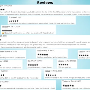 May include: A screenshot of a website with customer reviews for a shop selling digital stamps and brushes. The reviews are all positive and highlight the quality of the products and the excellent customer service.