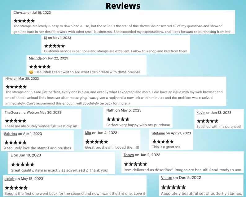 May include: A screenshot of a website with customer reviews for a shop selling digital stamps and brushes. The reviews are all positive and highlight the quality of the products and the excellent customer service.
