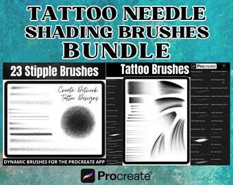 May include: A digital art bundle for Procreate, featuring tattoo needle shading brushes. The image displays the text "TATTOO NEEDLE SHADING BRUSHES BUNDLE" and showcases 23 stipple brushes and various tattoo brushes for creating dotwork tattoo designs.