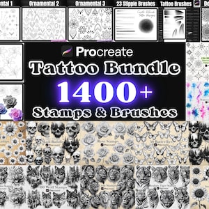 Lot de tatouages procréer, têtes de mort réalistes, animaux, fleurs, ornements, mandalas, étoiles, coeurs, modèles de pochoirs de tatouage, ensemble de pinceaux numériques