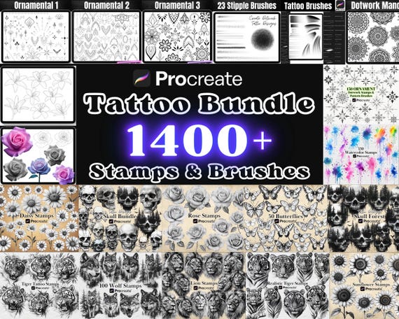 Procreate TATTOO BUNDLE, Realistic Skulls, Animals, Flowers, Ornamental, Mandala, Stars, Hearts, Tattoo Stencil Designs, Digital Brush set