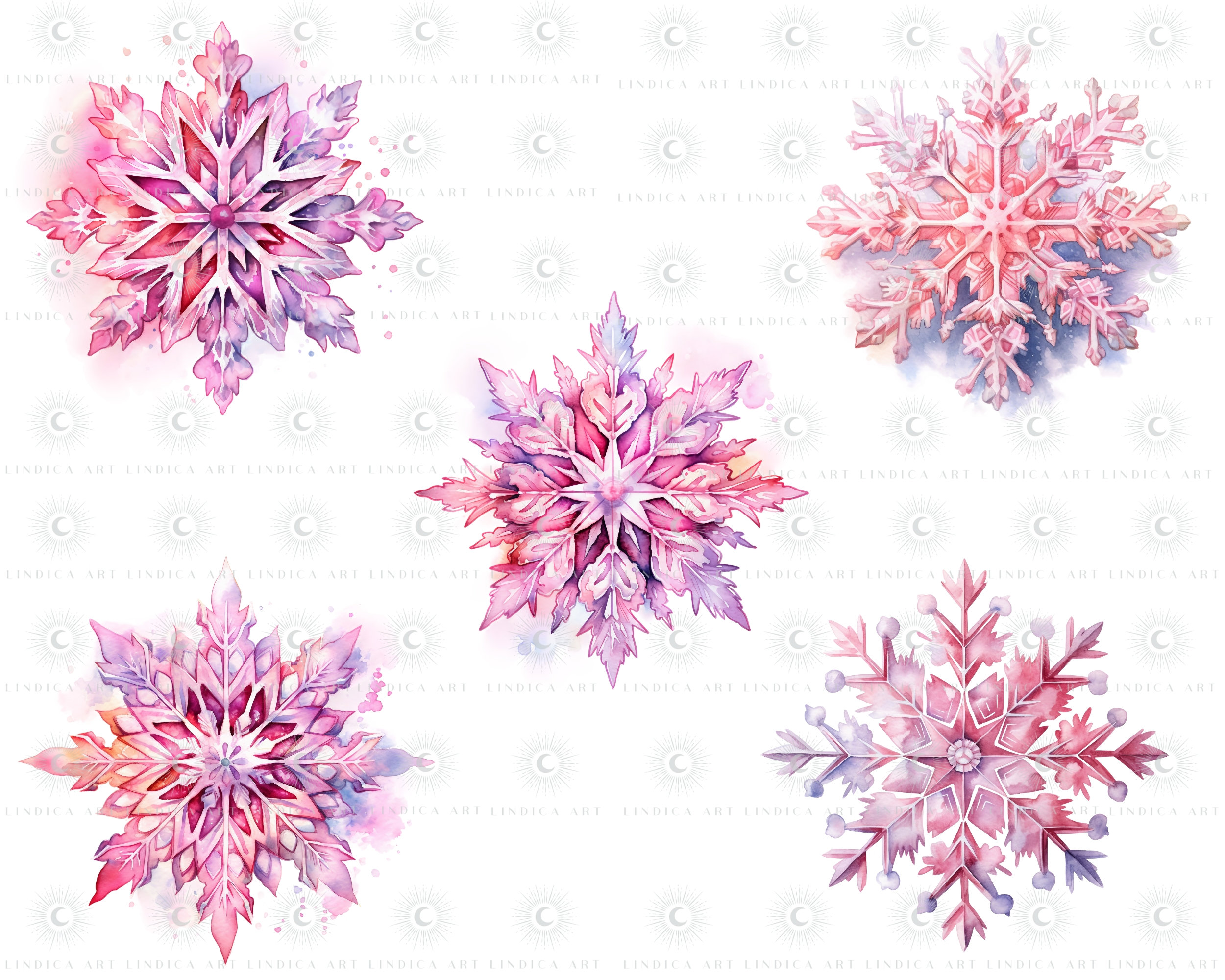 Clipart Pink Christmas Snowflakes 20 PNG Files, Pastel Watercolor Art ...