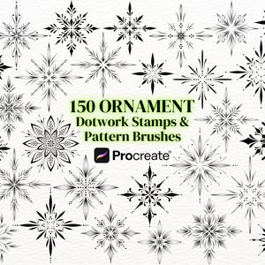 May include: 150 Ornament Dotwork Stamps & Pattern Brushes for Procreate. Black and white intricate designs of snowflakes, stars, and floral patterns.