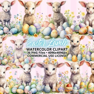 Watercolor Easter ClipArt BUNDLE 36 PNG Files, Cute Baby Lambs with Flowers & Easter Eggs, Spring Clipart, Sublimation Designs, Commercial