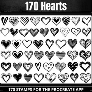 Lot de 170 griffonnages de 170 coeurs Procreate, Procreate coeurs de la Saint-Valentin, Tampons numériques en forme de coeur, LICENCE D'UTILISATION COMMERCIALE gratuite incluse