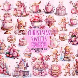 ClipArt Pink Christmas Sweets, Gingerbread 50 PNG Files, Pastel Watercolor art, Sublimation Designs, Digital Download, Bundle COMMERCIAL USE