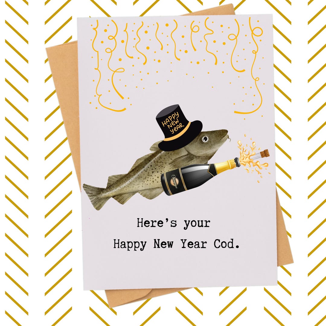 Happy New Year Cod Fish Card| New Year 2026 Card| Champagne Bottle Gift ...