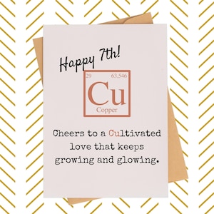 May include: A white greeting card with the text "Happy 7th!" and "Cu Copper" in a copper-colored box. The card also includes the message "Cheers to a Cultivated love that keeps growing and glowing." The card is inside a brown envelope.
