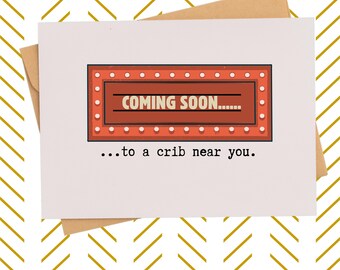 Theatrical pregnancy announcement card| coming soon baby arrival| movie theater| baby reveal card| parents to be| family reveal card gift