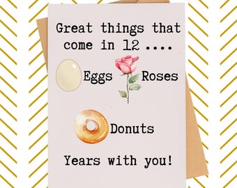 12 year milestone gift card| Dozen years together card gift| Donut eggs and roses card| Husband card| wife card| gift for him| gift for her