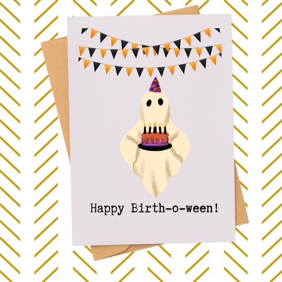 Hilarious ghost in a party holding a birthday cake card| Funny Ghost gift| Halloween birthday card| October 31st spooky card| Haunted Card