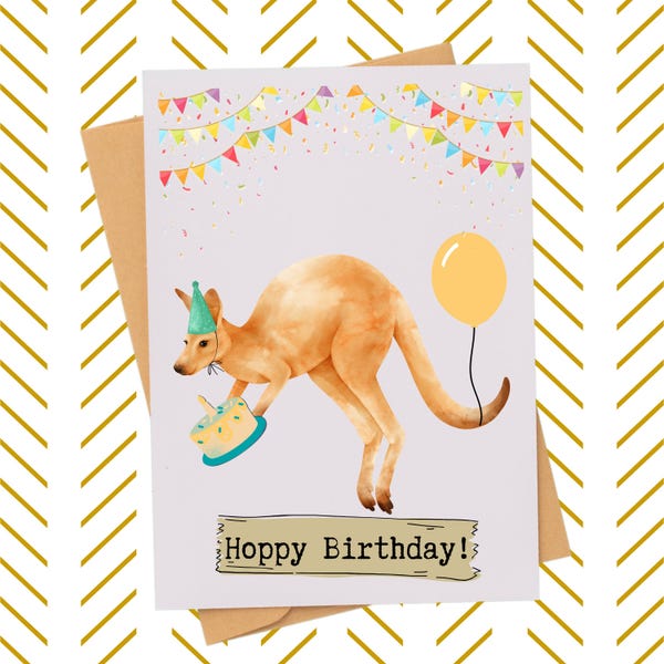 Hoppy Birthday| Kangaroo Pun Card| Birthday card for Kids| Birthday Cake Card| Birthday Cake and Balloons Card| Cute Jumping  Kangaroo Card