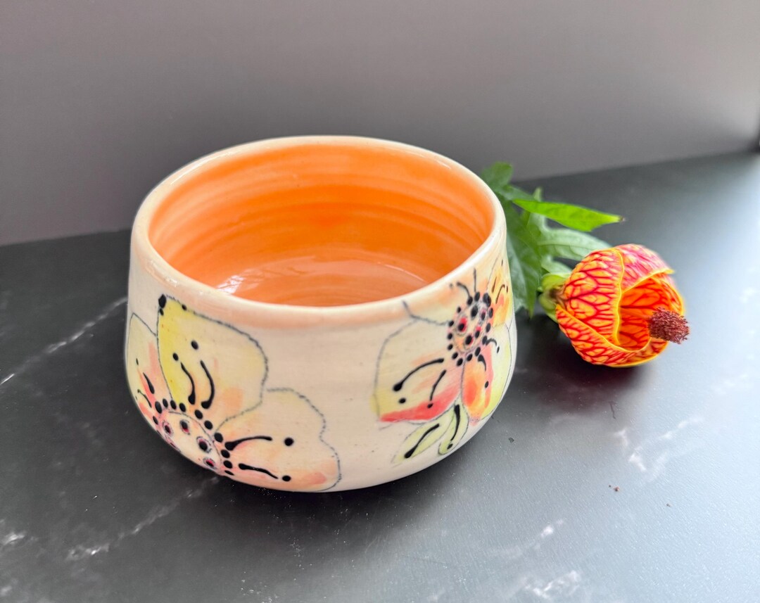 Handmade Pottery Bowl With Hand Painted Floral Design. - Etsy