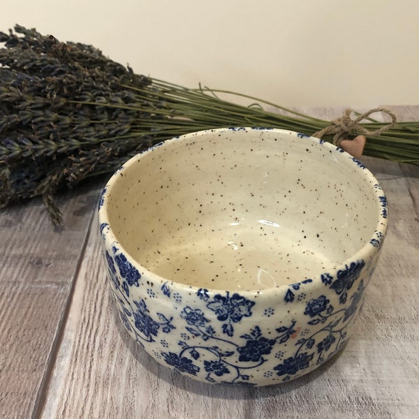 Bowl with blue flowers handmade pottery bowl