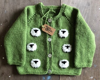 The Sheepy hand knitted baby cardigan size 6-12 months fern green with embroidered sheep motif