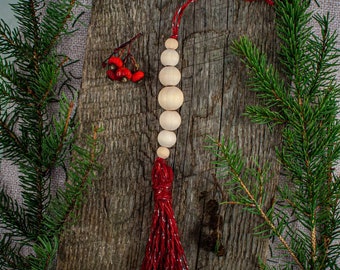 Set of 5 Boho wood bead christmas tree ornaments, tassels  modern farmhouse house, Nordic, rustic Christmas, Minimalist ornaments