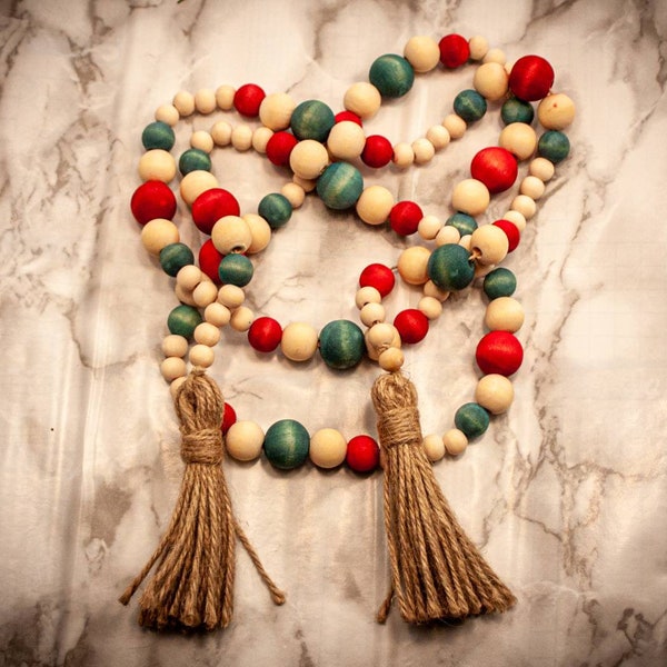 Farmhouse garland with red  green and natural wood beads, tasseled garland, Nordic christmas decoration