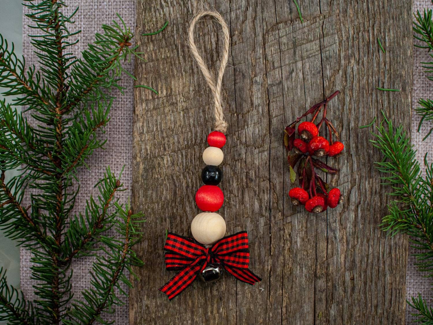 Handmade Set of 5 Natural & Red Wood Bead Christmas Ornaments Decor