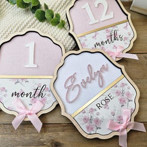 Pode incluir: Placas de marcos de madeira com borda ondulada. As placas apresentam um design floral rosa e branco, detalhes dourados e laços rosa. Uma placa diz "1 mês", outra "12 meses", e a terceira tem o nome "Evelyn Rose".