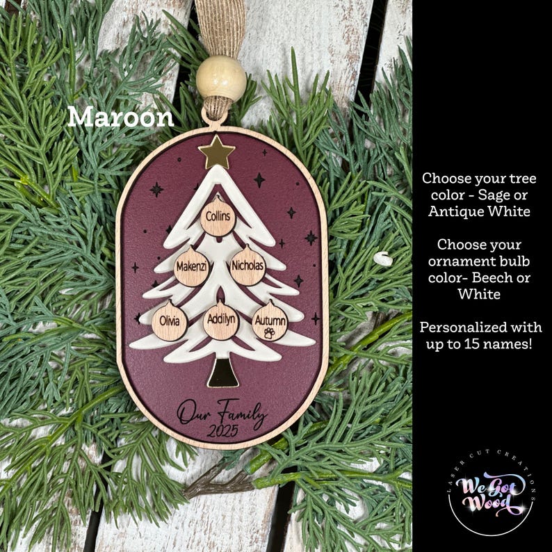 Gepersonaliseerde stamboomornament, gepersonaliseerd grootouderornament, aangepast familieornament, boomvorm, kerstcadeau, familieaandenken afbeelding 3