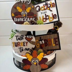 Thanksgiving Tiered Tray Decor, Gobble til you Wobble Sign, Talk Turkey to me Sign, Farmhouse Tiered Tray Decor, Happy Thanksgiving Sign