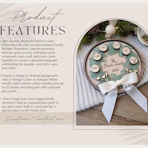 May include: A circular wooden Christmas ornament featuring a green wreath design, a white satin bow, and small wooden discs engraved with names. The centre displays the text The Baxter Family 2026. The ornament includes a hanging loop with a wooden bead.