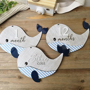 Op de afbeelding: Drie houten mijlpaalmarkeringen in de vorm van een walvis. Elke walvis heeft een grijze body, een blauw-wit gestreepte buik en een donkerblauwe staart. Eén walvis leest "1 maand", een andere "12 maanden", en de derde heeft de naam "Ethan COLE".