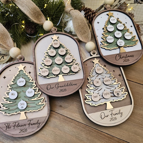 Adorno navideño familiar personalizado con nombres, adorno personalizado para el árbol genealógico, adorno para nietos, adorno con el nombre de la mascota, regalo de Navidad