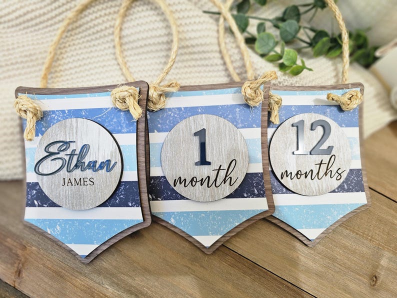 Nautical Pennant Baby Milestone Marker, Banner Monthly Milestone Sign ...