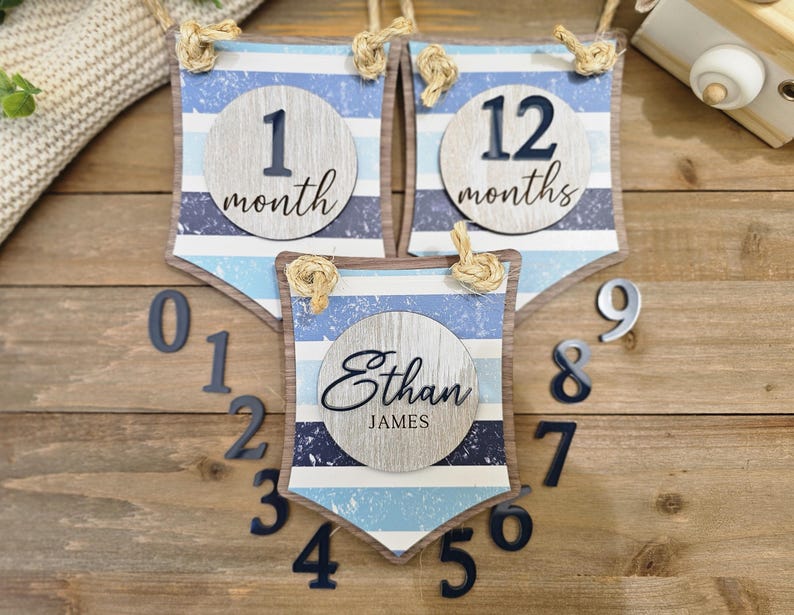 Nautical Pennant Baby Milestone Marker, Banner Monthly Milestone Sign ...