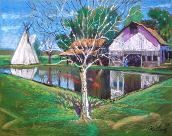 Tepee and Barn Landscape, Giclee Print made from Original Plein Air Pastel Sketch by Tammy Matthews