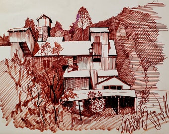 Ore Crushing Mill, new Giclee Print made from Original Felt Marker Sketch by Tammy Matthews