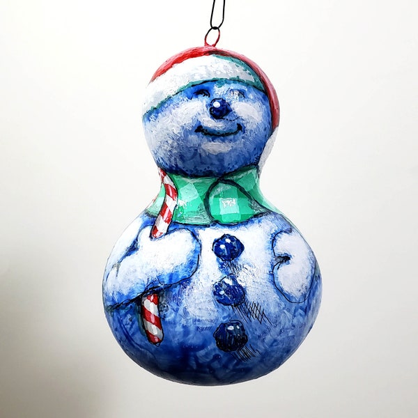 Snowman with Peppermint Candy Cane, Hand-painted Gourd Christmas Tree Ornament by Tammy Matthews