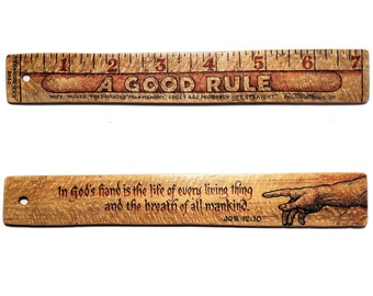 A Good Rule, Sycamore ruler lettered with the scripture Job 12:10