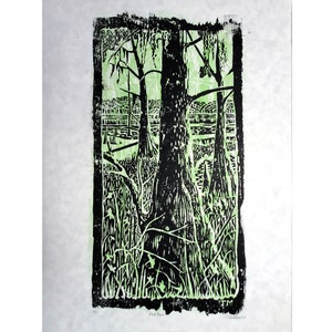 Black Bayou Refuge, 2 Color Original Woodcut Print by Tammy Matthews white parchment